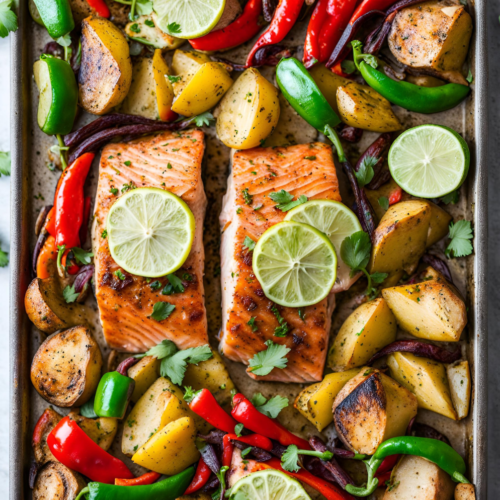 Close-up of roasted salmon fillets with lime slices on a sheet pan, surrounded by roasted potatoes and red and green peppers.