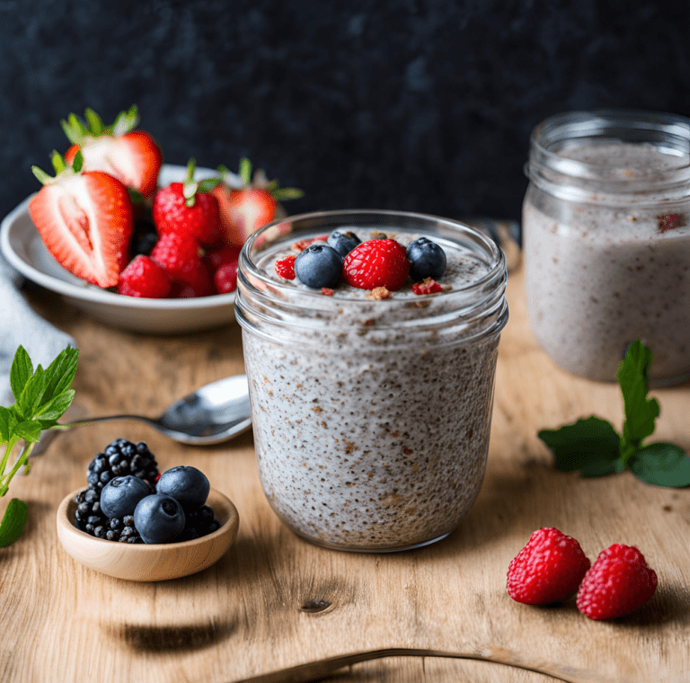 Two jars of chia pudding topped with fresh berries, with a plate of strawberries and raspberries in the background.