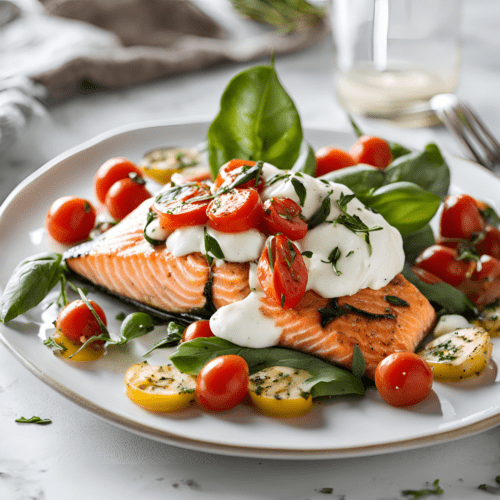 Grilled salmon fillet topped with fresh cherry tomatoes, mozzarella, and basil on a white plate.