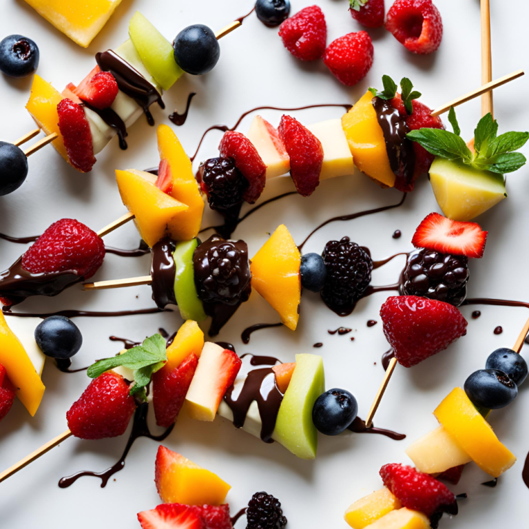 Fruit kebabs drizzled with chocolate sauce, featuring strawberries, blackberries, melons, and blueberries.