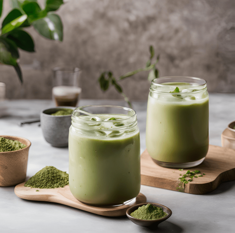 Two mason jars of iced matcha latte surrounded by matcha powder and a whisk.