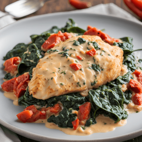 Close-up of chicken cutlet with creamy spinach and roasted red pepper sauce on a white plate.