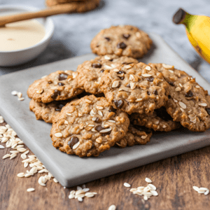 Banana oat cookies with chocolate chips, displayed on a gray platter with oats scattered around.