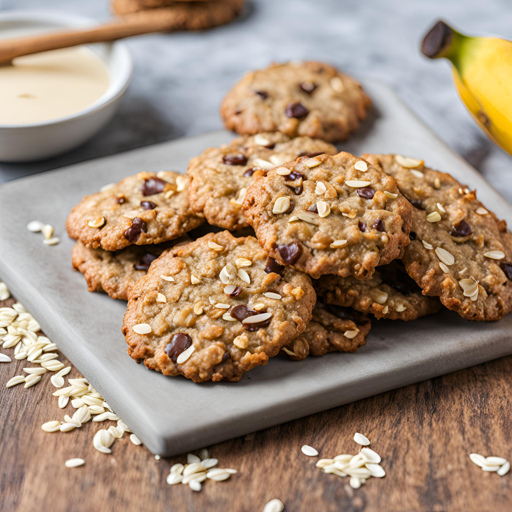 Banana oat cookies with chocolate chips, displayed on a gray platter with oats scattered around.