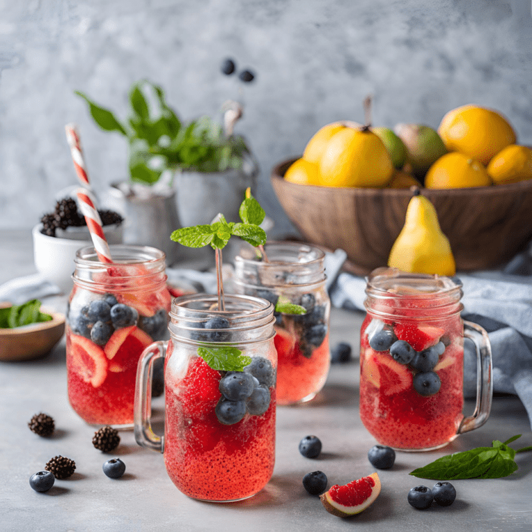 Mason jars filled with chia fresca, topped with blueberries, strawberries, and mint, with fresh lemons and herbs in the background.