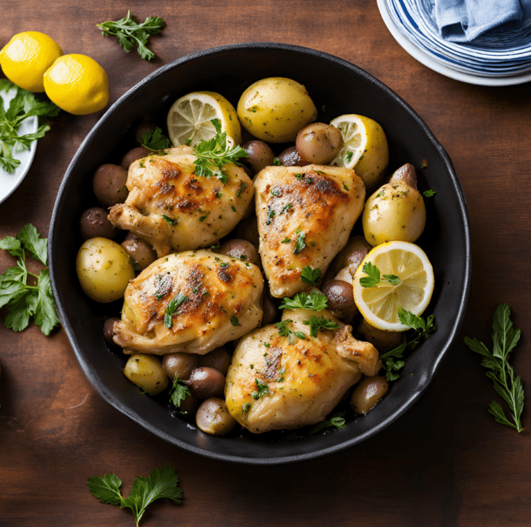 Roasted Greek Chicken and Potatoes in a Cast Iron Skillet