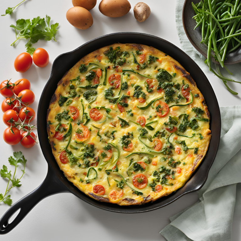 Zucchini and cherry tomato frittata garnished with fresh herbs, surrounded by raw ingredients.