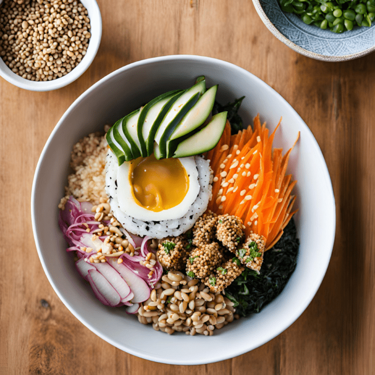 A beautifully plated Vegetarian Sushi Grain Bowl topped with avocado, a soft-boiled egg, and various fresh vegetables.