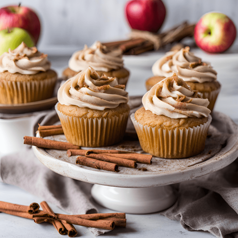 Apple cinnamon cupcakes displayed on a cake stand, topped with cinnamon cream cheese frosting and cinnamon sticks.