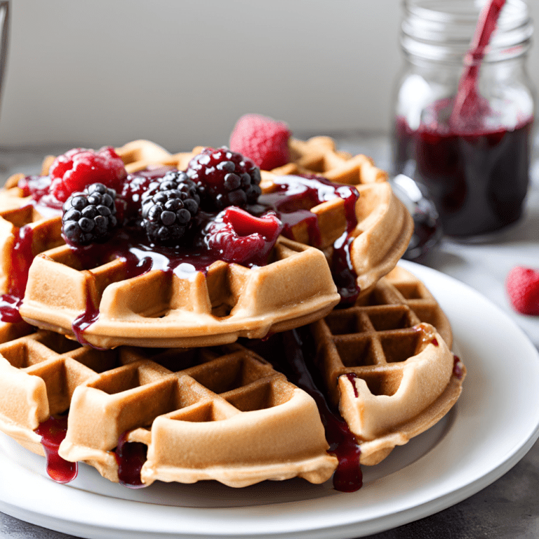 Close-up of Peanut Butter and Jelly Waffles with a rich drizzle of jelly and fresh berries.