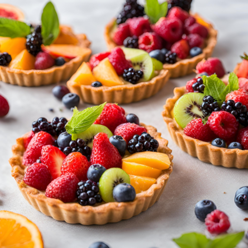 Mini fruit tarts with strawberries, kiwi, blackberries, blueberries, and mango slices, garnished with mint leaves.