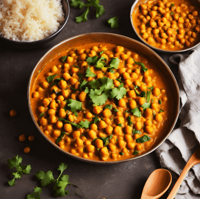 Hearty chickpea curry in a bowl with fresh cilantro garnish.