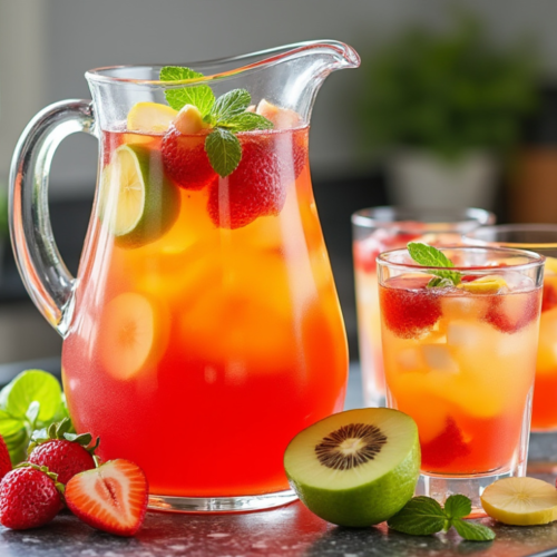 A pitcher and glasses of fruit punch with slices of lime, kiwi, strawberries, and mint leaves, arranged on a kitchen countertop.