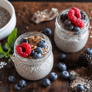 Two mason jars filled with chia pudding, topped with raspberries, blueberries, and granola, surrounded by fresh berries.