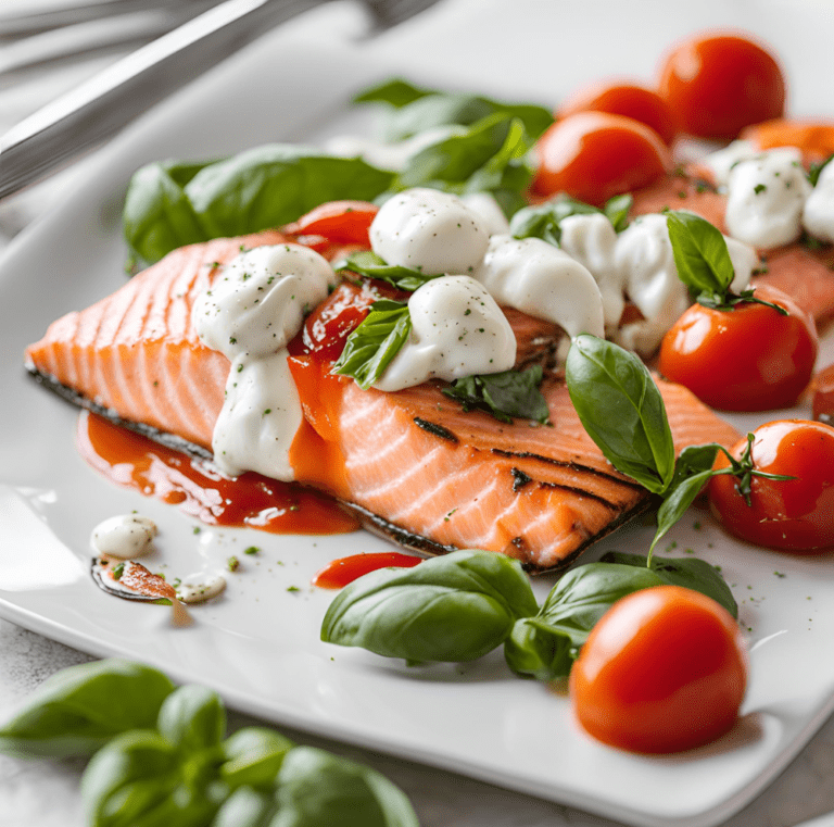 A close-up of roasted salmon with cherry tomatoes, mozzarella, and basil leaves, drizzled with balsamic glaze.