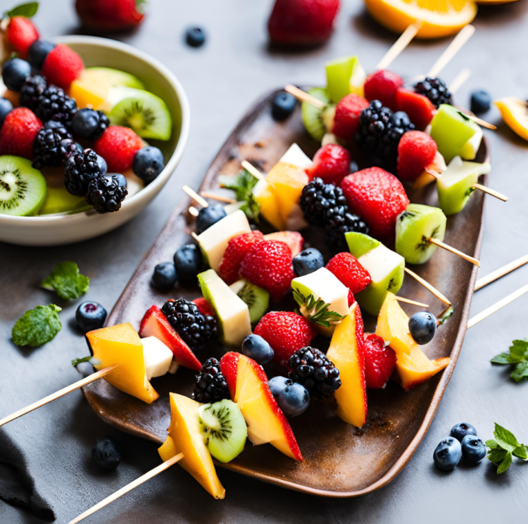 Fruit kebabs with a mix of fresh fruits including strawberries, blackberries, kiwi, and cheese on a serving platter.