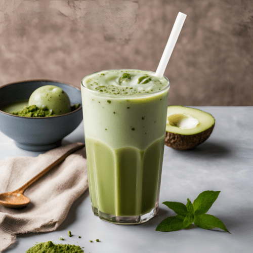 Iced matcha latte in a tall glass with avocado and matcha ice cream on the side.