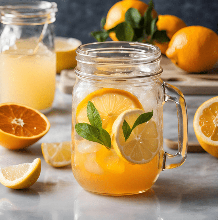 A mason jar with a handle filled with citrus lemonade, adorned with lemon and orange slices, with fresh herbs in the background.
