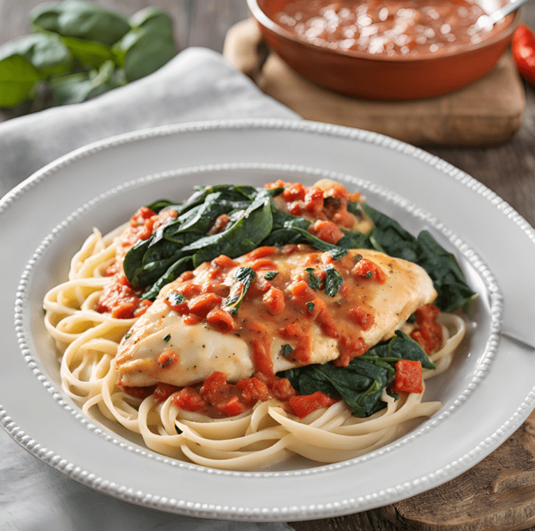 Chicken cutlet with creamy spinach and roasted red pepper sauce served over linguine.