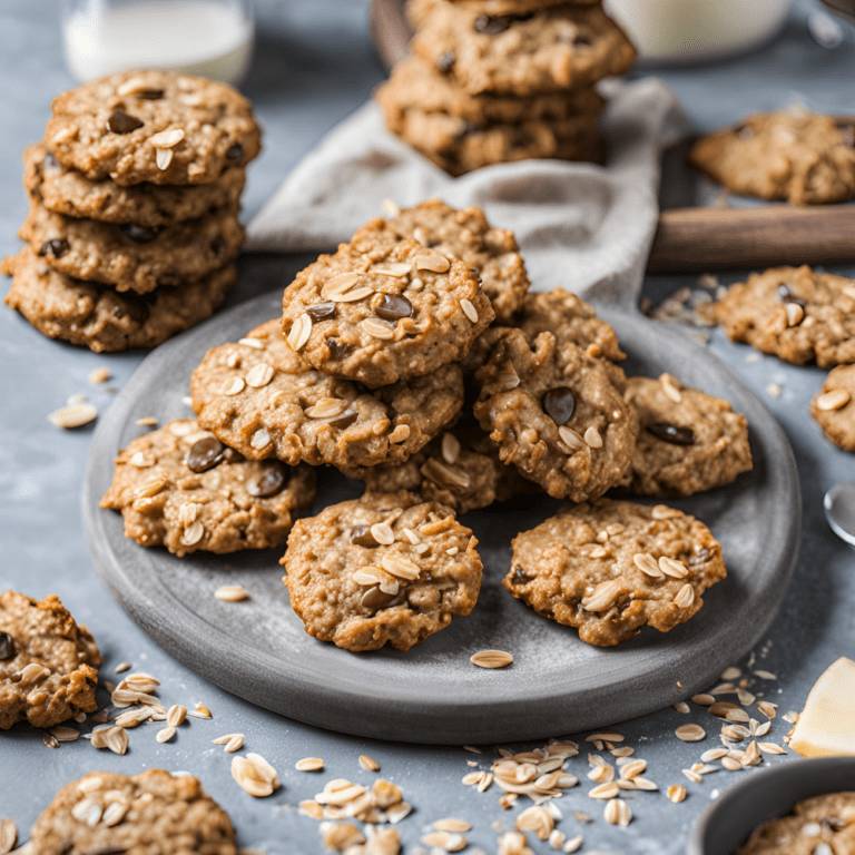 A plate of banana oat cookies topped with oats and chocolate chips, surrounded by more cookies and a glass of milk.