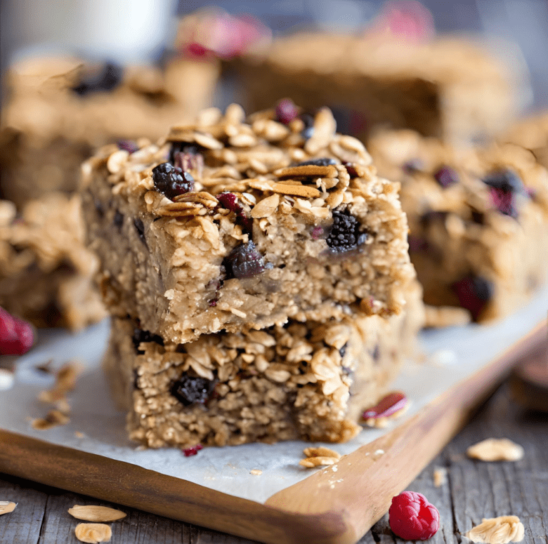 Close-up of stacked baked oatmeal bars with berries and oats on a wooden board.