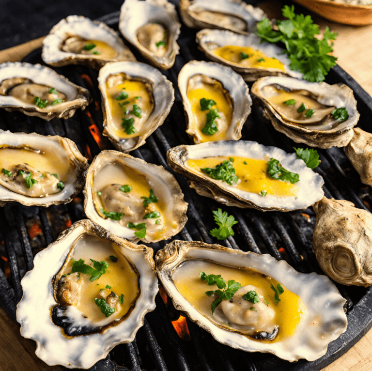 Close-up of grilled oysters with garlic butter and parsley on a grill.