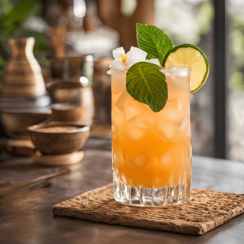 Mai Tai cocktail in a tall glass with lime and mint garnish, placed on a rustic table with a serene background.