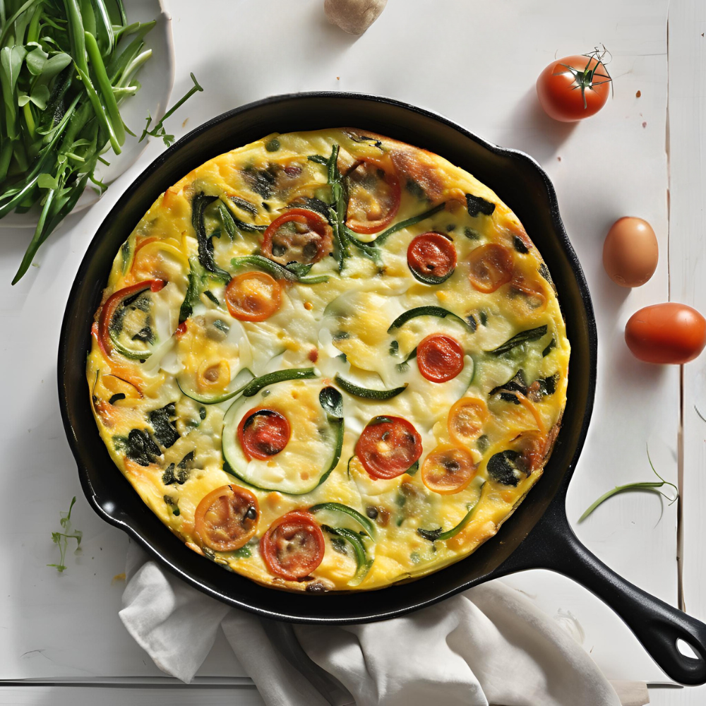 Oven-baked potato and vegetable frittata in a cast-iron skillet, topped with cherry tomatoes and zucchini slices.