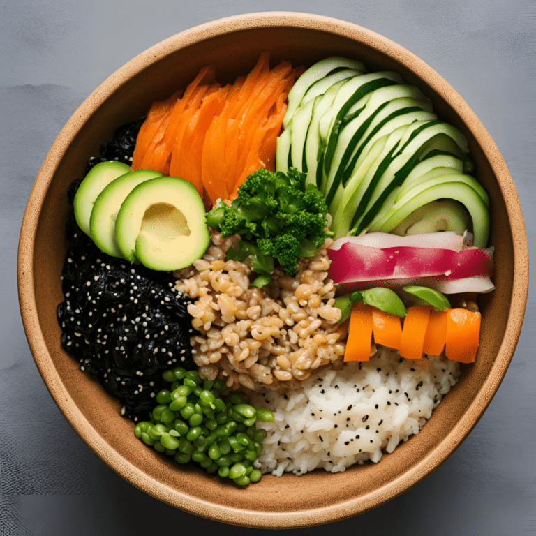 A vibrant Vegetarian Sushi Grain Bowl with avocado, carrots, broccoli, and brown rice, served with a side of soy sauce.