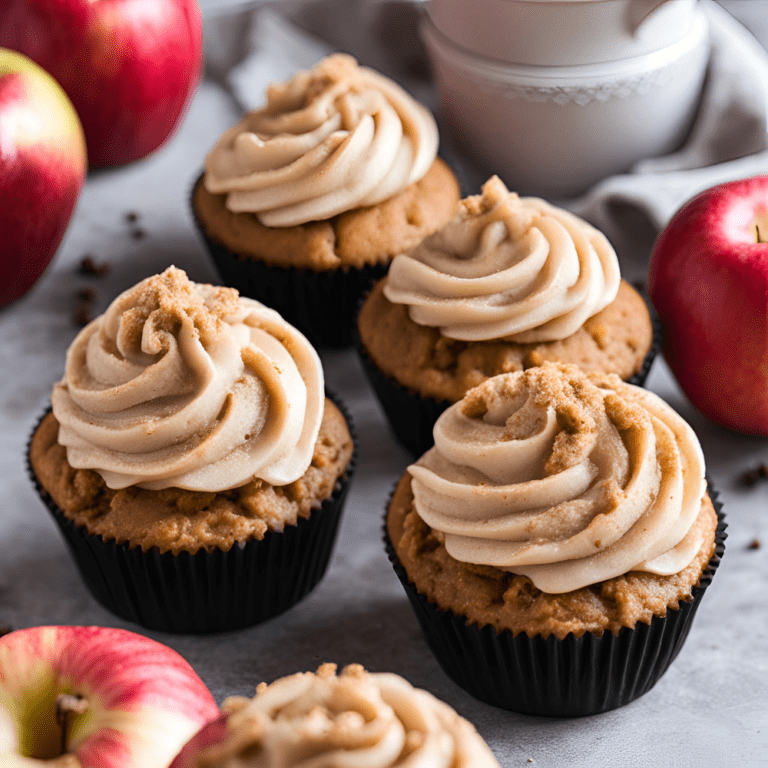 Four apple cinnamon cupcakes topped with cinnamon cream cheese frosting, surrounded by fresh apples.