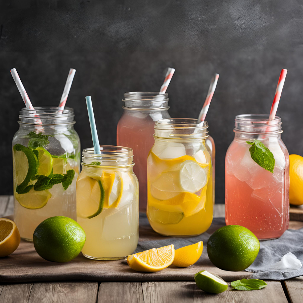 Colorful homemade electrolyte drinks in mason jars with fresh fruit garnishes, surrounded by slices of lime, lemon, and orange.