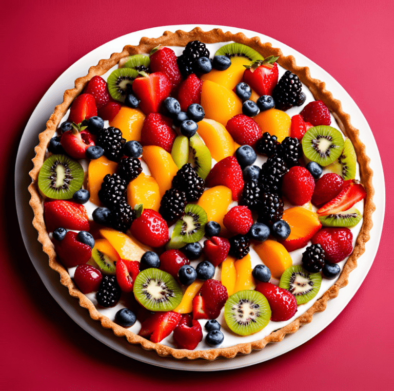 Colorful fruit tart with a variety of fresh fruits including strawberries, kiwi, blueberries, and blackberries on a white plate.