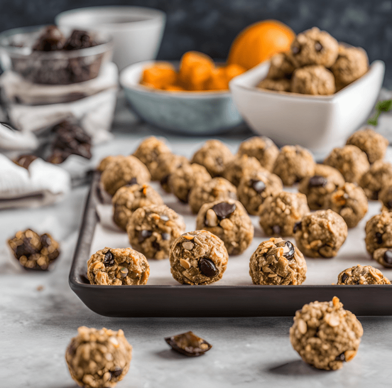 A tray of homemade energy bites with bowls of dried fruits in the background.