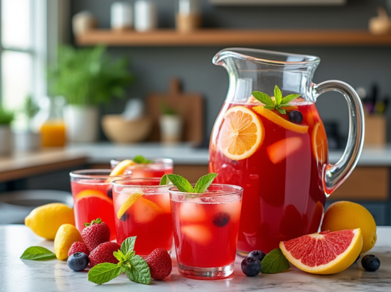 A pitcher of fruit punch surrounded by glasses filled with the drink, garnished with lemon slices and berries, set on a kitchen counter.