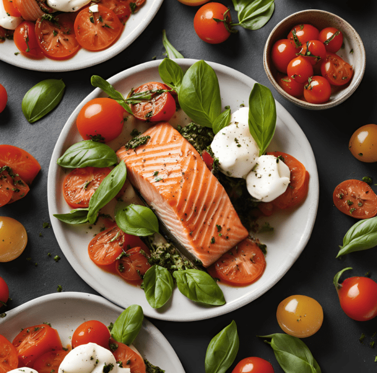 Plates of roasted salmon served with cherry tomatoes, basil, and mozzarella balls on a dark background.