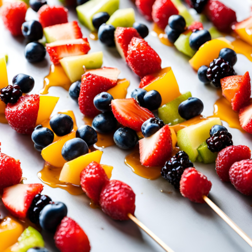 Fruit kebabs with strawberries, blueberries, and melons drizzled with honey.