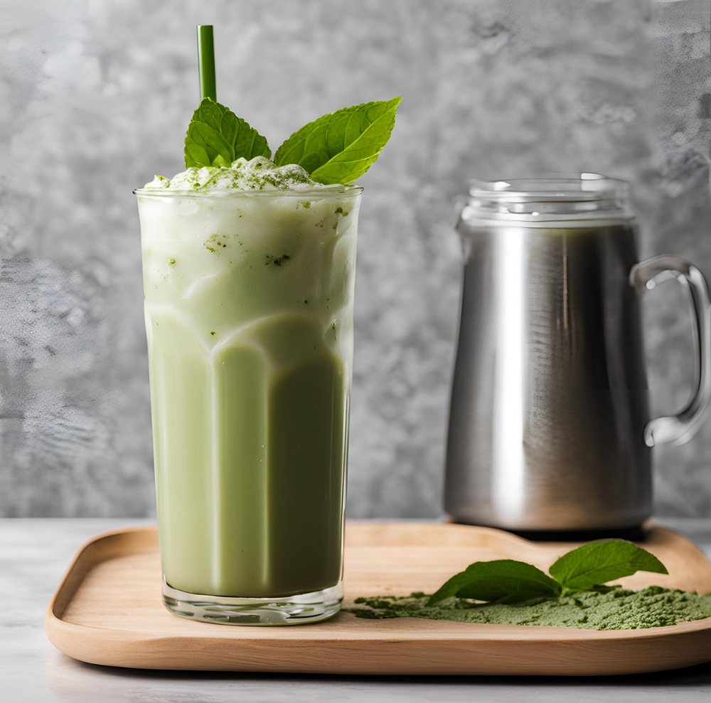 Tall glass of iced matcha latte with mint leaves and matcha powder on a wooden tray.