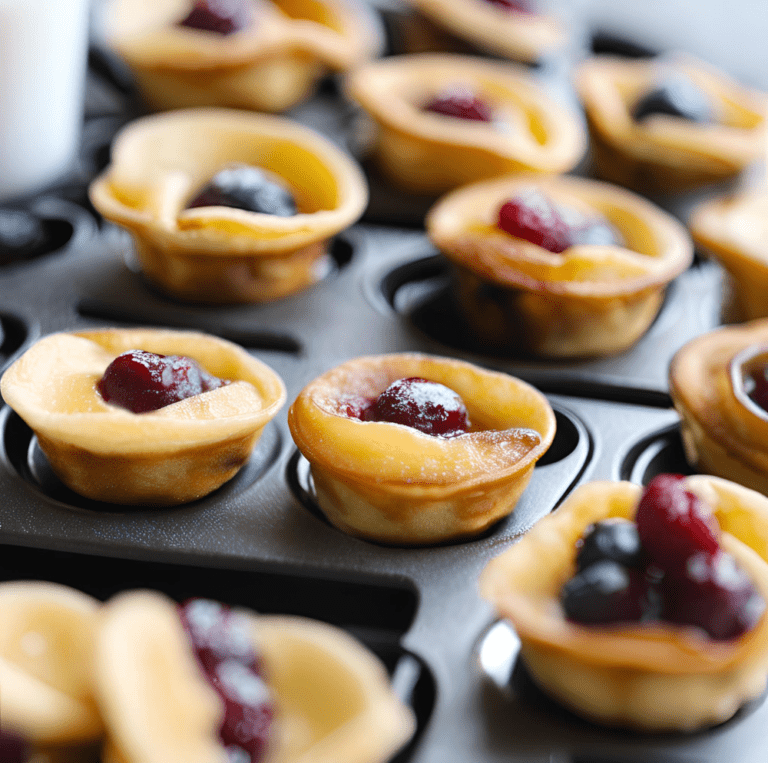 Mini Pancake Bites in a muffin tin with berry toppings.