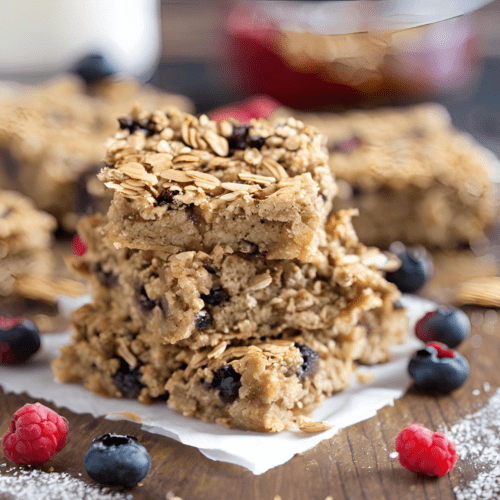 Stack of baked oatmeal bars with blueberries and raspberries on a wooden surface.