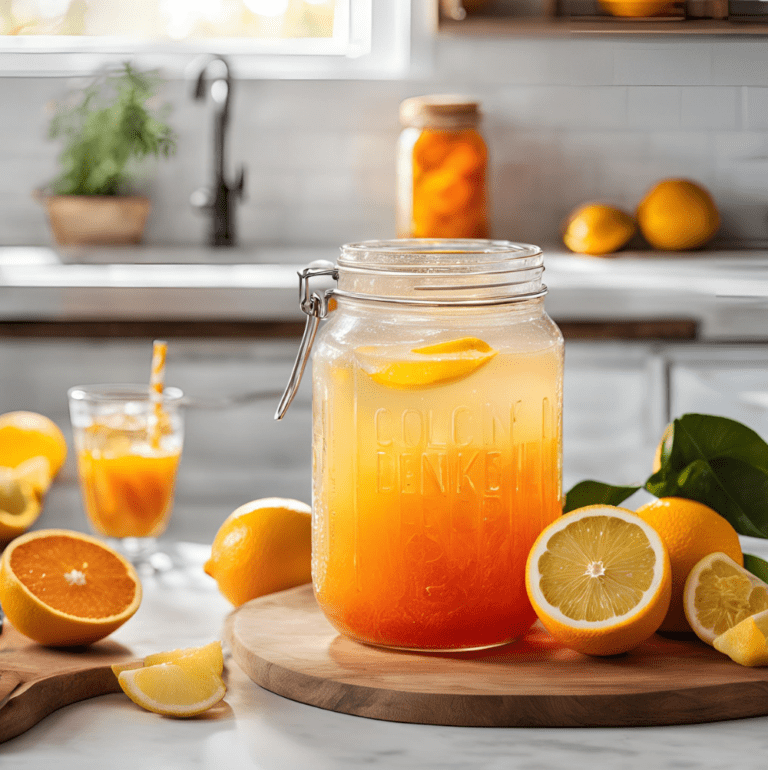 A large mason jar filled with a gradient of orange and lemon-infused water, placed on a wooden surface with fresh citrus fruits nearby.
