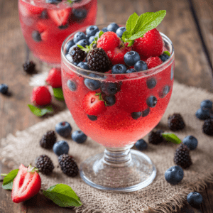 Glass bowls filled with chia fresca, brimming with strawberries, blackberries, blueberries, and mint leaves.