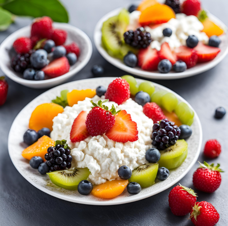 A plate of cottage cheese surrounded by a variety of fresh fruits including kiwi, strawberries, and blackberries.