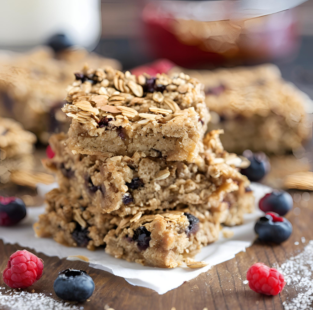 Stack of baked oatmeal bars with blueberries and raspberries on a wooden surface.