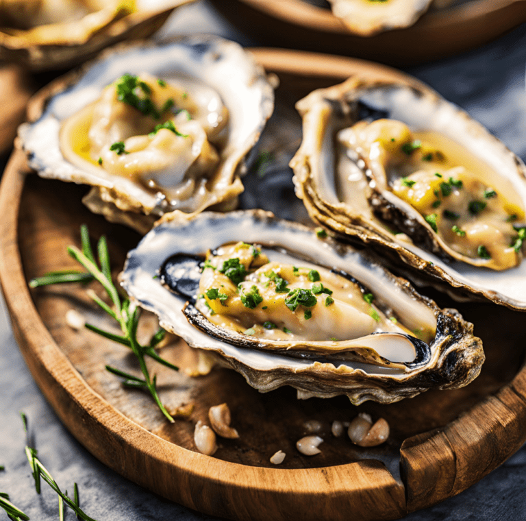 Grilled oysters on a wooden platter with rosemary and garlic cloves.