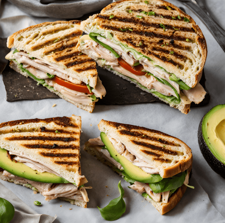 Turkey and Avocado Panini with tomatoes and spinach on parchment paper.