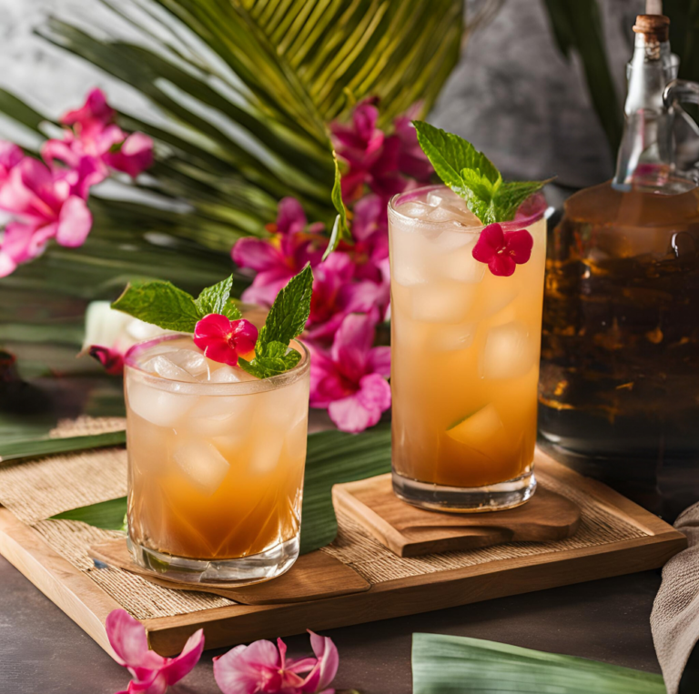 Two Mai Tai cocktails on a bamboo tray, garnished with mint and tropical flowers, set against a lush, tropical background.