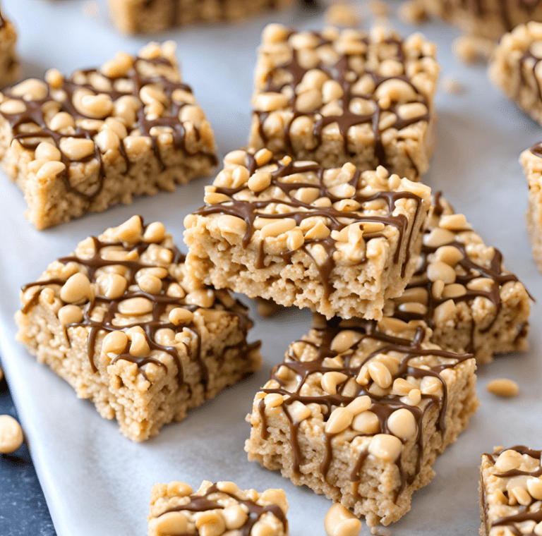 A group of Peanut Butter Rice Krispie Treats topped with chopped nuts, arranged on a wooden surface.