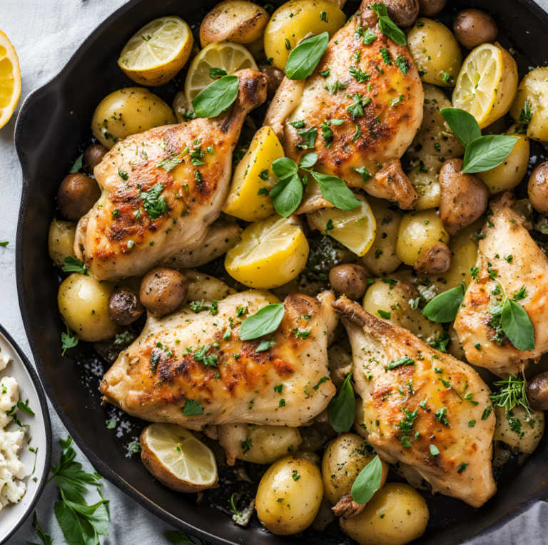 Greek Lemon Chicken and Potatoes with Fresh Basil Garnish