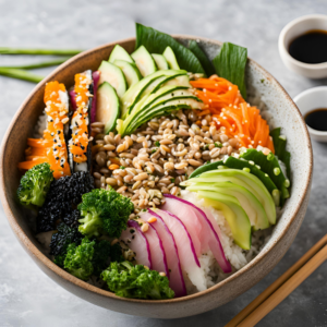 A well-balanced Vegetarian Sushi Grain Bowl with a mix of fresh vegetables, grains, and nori, served in a ceramic bowl.