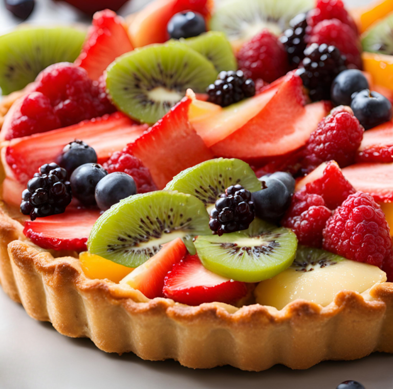 Close-up of a fruit tart showcasing the vibrant colors and textures of strawberries, kiwi, blackberries, blueberries, and raspberries.